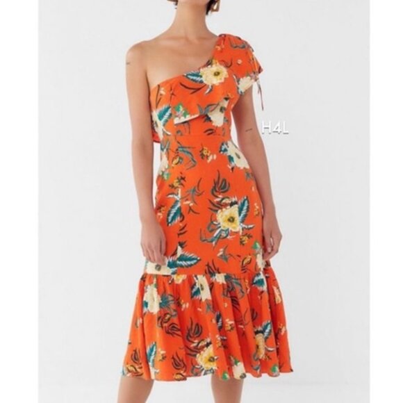 Urban Outfitters Dresses & Skirts - Urban Outfitters Carmen Orange Floral Linen One Shoulder Ruffle Midi Dress Small